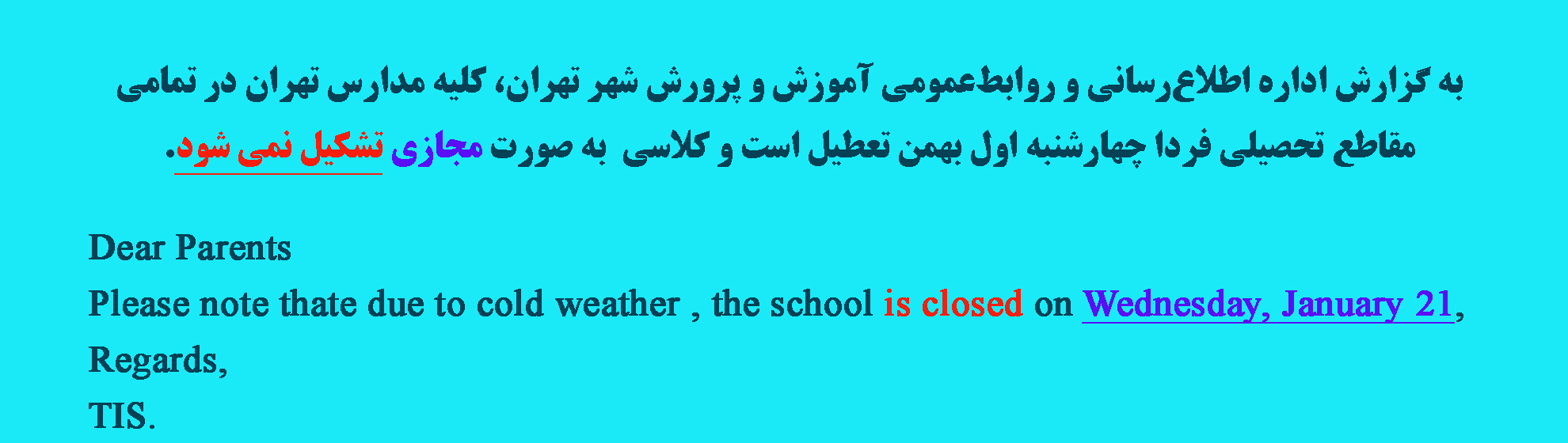 1 bahman school closed